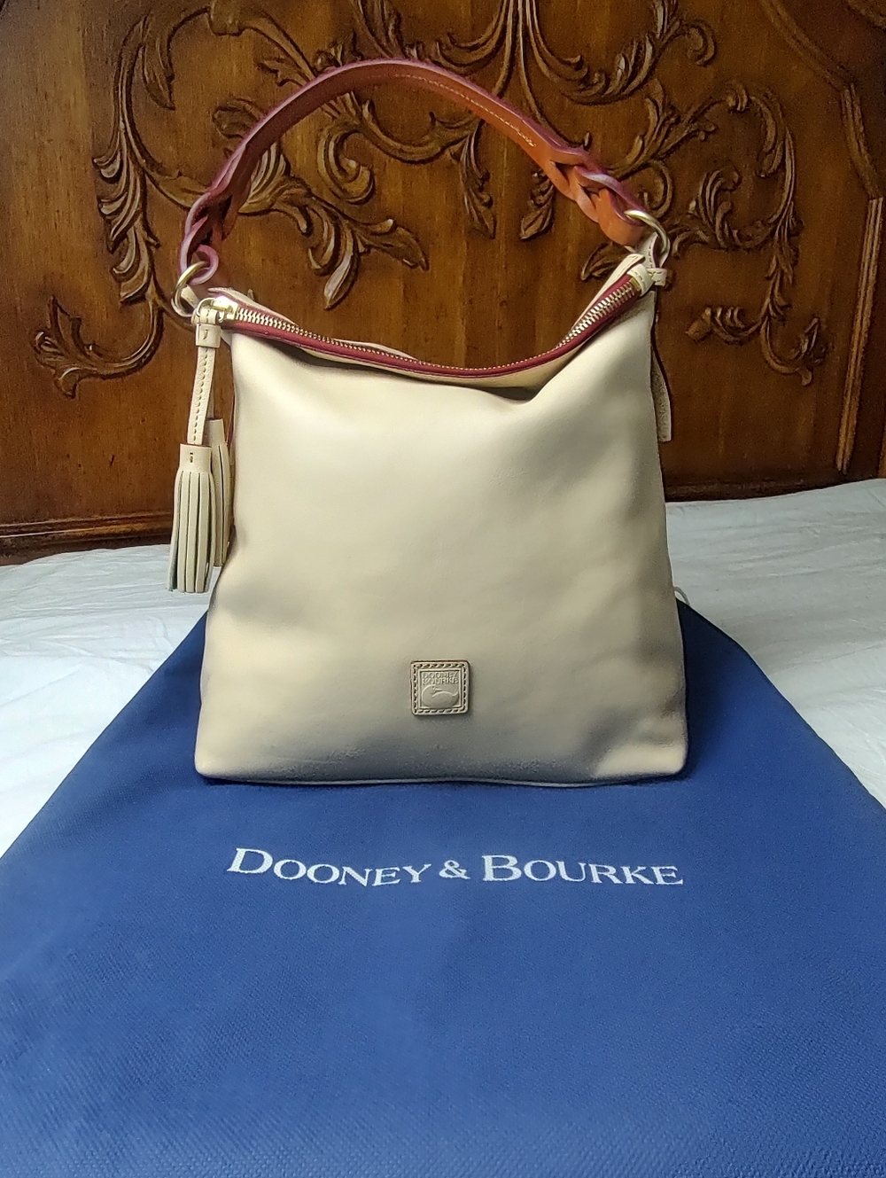 Dooney & Bourke Cream Leather Hobo Tan Braided Handle Green Tassel